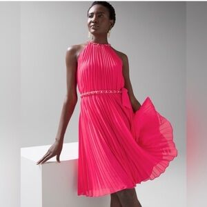 White House Black Market Vibrant Pink Pleated Midi Dress